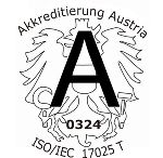 Zertifizierungslogo von 'Akkreditierung Austria', das die Konformität mit ISO/IEC 17025 T bestätigt.