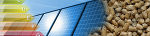 Solarmodule und Holzpellets symbolisieren erneuerbare Energiequellen für nachhaltige Wärme und Strom.